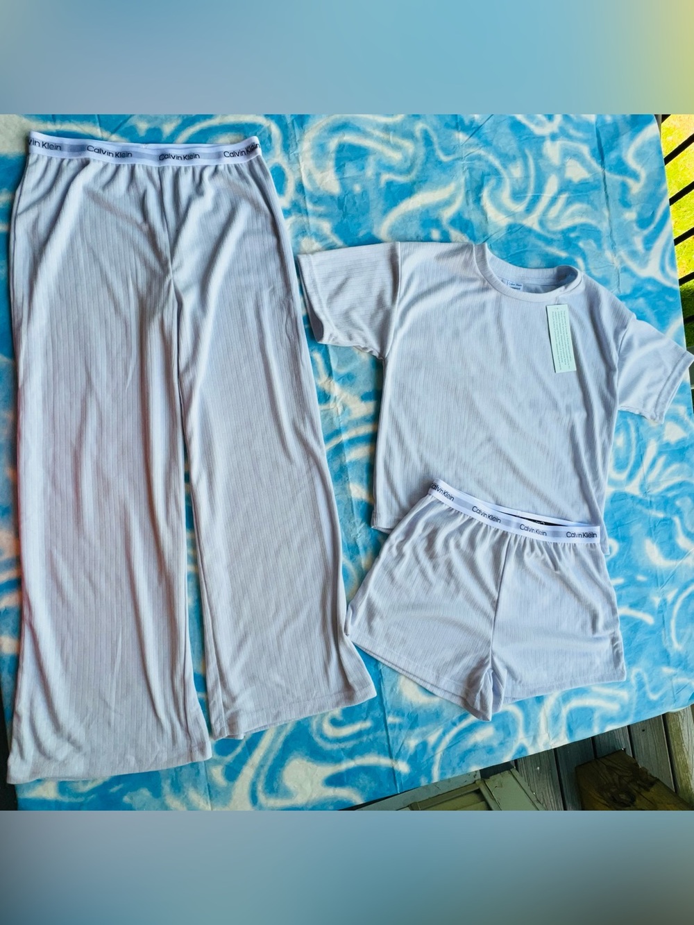 Calvin Klein Kids light blue Ribbed 3-Piece Pajama Set - Tee, Shorts & Pants
